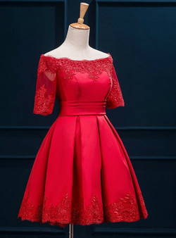In Stock:Ship in 48 hours Red Off the Shoulder Satin Homecoming Dress
