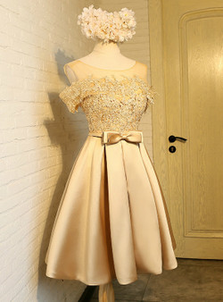 In Stock:Ship in 48 hours Gold Satin Appliques With Bow Homecoming Dress