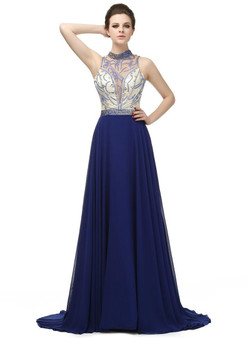 Blue Chiffon High Neck Backless With Beading Prom Dress