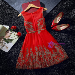 In Stock:Ship in 48 hours Red Tulle Sequins Bow Homecoming Dress