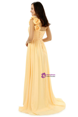 Yellow One Shoulder Chiffon With Pleats Flower Bridesmaid Dress