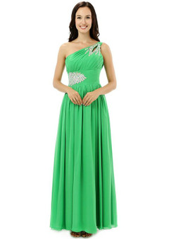Green One Shoulder Chiffon With Crystal Pleats Bridesmaid Dress