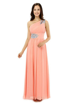 Pink One Shoulder Chiffon With Crystal Pleats Bridesmaid Dress