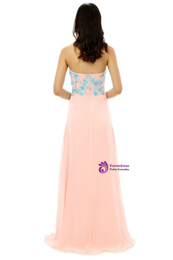Pink Chiffon Sweetheart Blue Appliques Floor Length Bridesmaid Dress