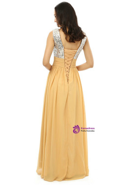 Yellow Chiffon Silver Sequins V-neck Backless Bridesmaid Dress