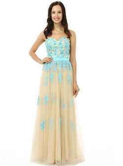 Champagne Tulle Blue Lace Sweetheart Beading Bridesmaid Dress