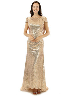 Sheath Gold Sequins Cap Sleeve Backless Bridesmaid Dress