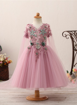 Purple V-neck Short Sleeve Tulle Appliques Flower Girl Dress