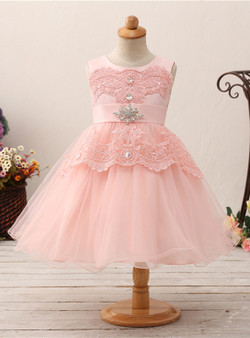 Pink Tulle Lace Appliques With Crystal Bow Flower Girl Dress
