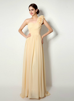 One Shoulder Chiffon With Flower Pleats Bridesmaid Dress