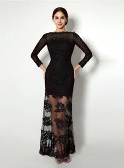 Sexy Black Lace Sheath Long Sleeve Backless Prom Dress