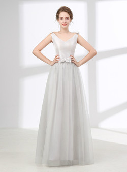 Gray V-neck Tulle Floor Length With Bow Prom Dress