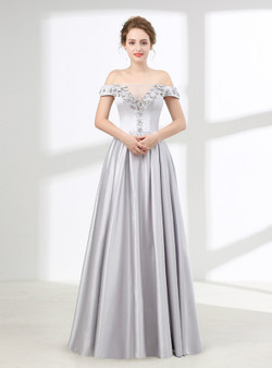 Silver Gray Off The Shoulder Satin With Flower Prom Dress