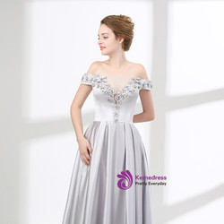 Silver Gray Off The Shoulder Satin With Flower Prom Dress