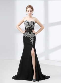 Black Mermaid Chiffon Appliques Beading Prom Dress With Split