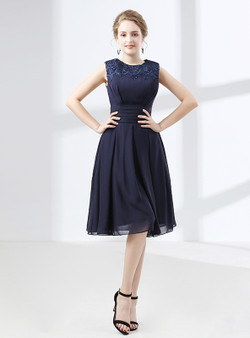 Short Blue Chiffon Knee Length Lace Bridesmaid Dress