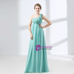 Blue One Shoulder Pleats Flower High Waist Bridesmaid Dress