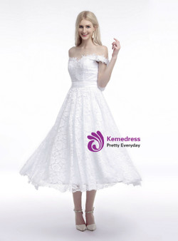 White Lace Off The Shoulder Tea Length Wedding Dress