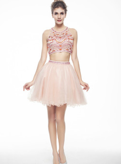 Pink Halter Tulle Backless Two Piece Homecoming Dress