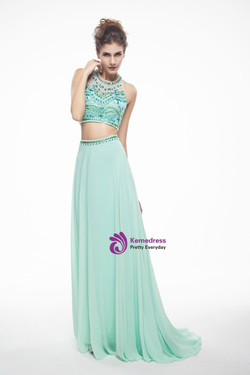 Green Two Piece Halter Chiffon Backless With Beading Prom Dress