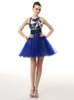 Blue Tulle Sleeveless Embroidery Beading Homecoming Dress