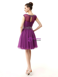 Purple Chiffon Cap Sleeve Backless Knee Length Homecoming Dress