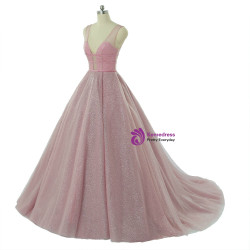 Pink Tulle Deep V-neck Sleeveless Backless Wedding Dresses