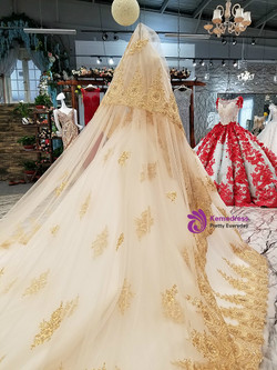 White Tulle Gold Lace Appliques Beading Ball Gown Wedding Dress