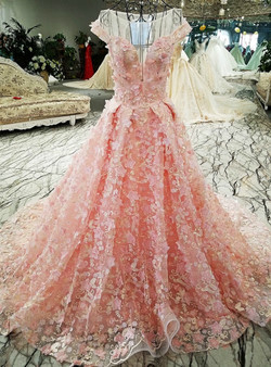 Pink Ball Gown Tulle Backless Appliques Cap Sleeve Wedding Dress