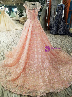 Fashionable Pink Ball Gown Cap Sleeve Tulle Backless Appliques Wedding Dress
