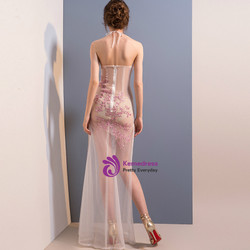 In Stock:Ship in 48 hours Pink Spaghetti Straps Allure See Through Prom Dress