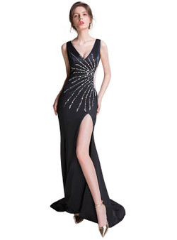 In Stock:Ship in 48 hours Black V-neck Allure See Through Prom Dress