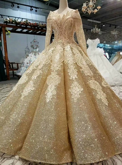 Gold Ball Gown Off The Shoulder Sequins Long Sleeve Wedding Dress