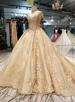 Gold Tulle High Neck Backless Appliques Beading Wedding Dress