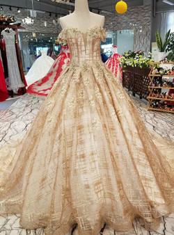 Gold Tulle Sequins Off The Shoulder Backless Appliques Wedding Dress