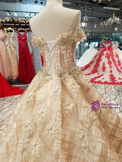 Gold Tulle Sequins Off The Shoulder Backless Appliques Wedding Dress