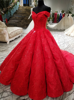 Red Ball Gown Off The Shoulder Lace Sequins Train Wedding Dress