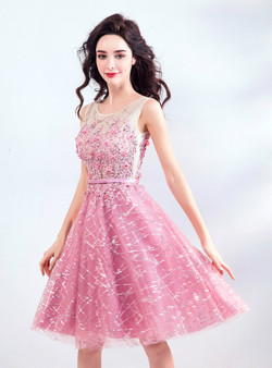 In Stock:Ship in 48 hours Pink Tulle Sequins Homecoming Dress