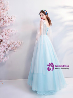 In Stock:Ship in 48 hours Blue Tulle V-neck Appliques Prom Dress