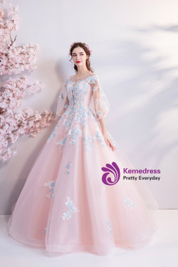 In Stock:Ship in 48 hours Pink Long Sleeve Tulle Quinceanera Dresses