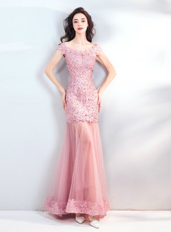 In Stock:Ship in 48 hours Pink Mermaid Lace Tulle Prom Dress