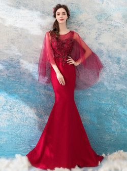 In Stock:Ship in 48 hours Mermaid Red Satin Appliques Prom Dress