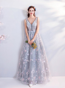 In Stock:Ship in 48 hours Gray V-neck Backless Tulle Prom Dress