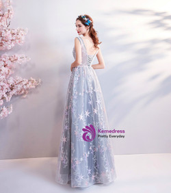 In Stock:Ship in 48 hours Gray V-neck Backless Tulle Prom Dress