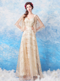 In Stock:Ship in 48 hours Gold V-neck Backless Sequins Prom Dress