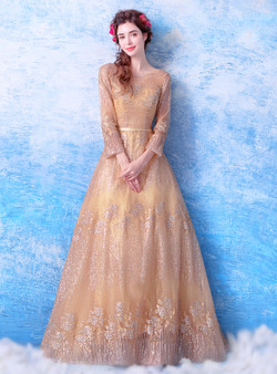 In Stock:Ship in 48 hours Gold Long Sleeve Backless Prom Dress