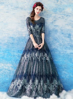 In Stock:Ship in 48 hours Blue Half Sleeve Sequins Prom Dress