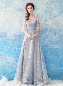 In Stock:Ship in 48 hours Silver V-neck Backless Sequins Prom Dress