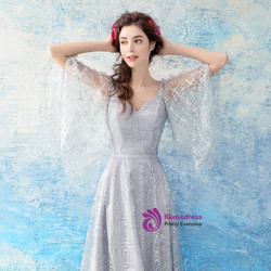 In Stock:Ship in 48 hours Silver V-neck Backless Sequins Prom Dress