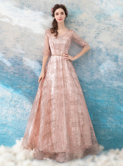 In Stock:Ship in 48 hours Pink Half Sleeve Backless Prom Dress